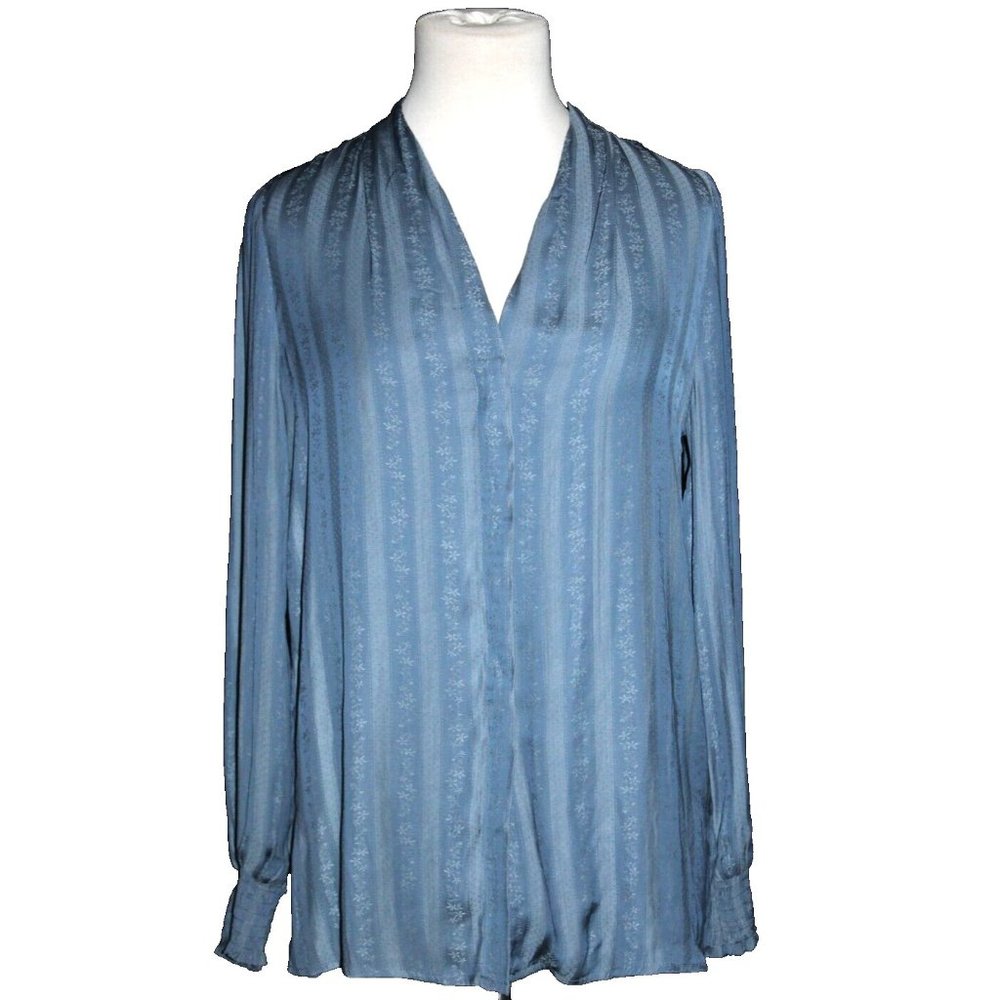 Mystree Women's Top Blouse V-Neck Country Blue Button Front Long Sleeve S Small